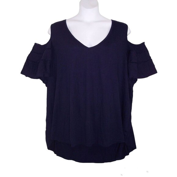 NEW Roaman's 4X 34/36 Ruffle Sleeve Top With Cold Shoulder Detail Hi Low Hem - Picture 1 of 14